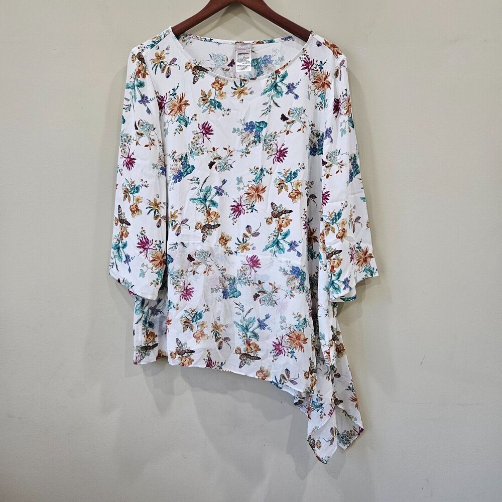 Chicos Womens Floral Asymmetrical Top 16/18 Multicolor Butterfly Oversize Flowy